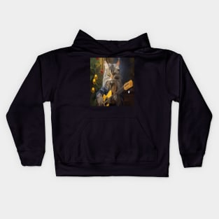 watercolor cat playing guitar with Christmas tree Kids Hoodie